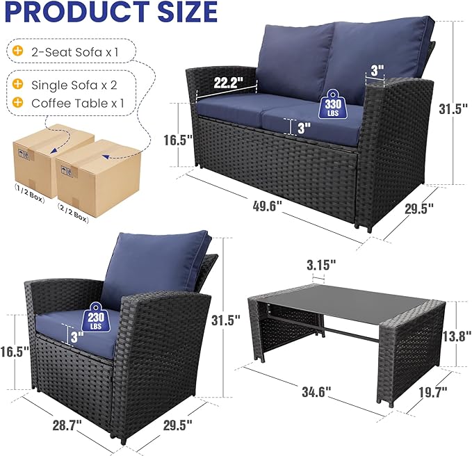 FHFO 4 Piece Outdoor Patio Furniture Set,Wicker Conversation Sets Outdoor Sectional Patio Sofa Couch with Cushions & Coffee Table for Outside, Garden, Balcony, Porch,Black/Blue