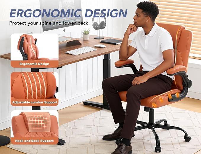 Office Chair with Adjustable Inflatable Lumbar Support,Leather Ergonomic Computer Desk Chair with Flip-up Arms,Adjustable Tilt Lock,Swivel Rolling Executive PC Chair for Work,Study,Meeting.Brown