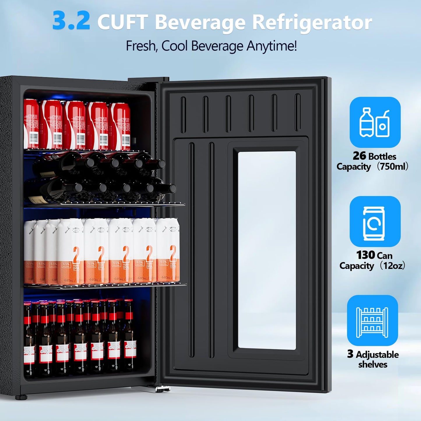 Electactic Beer Cooler 3.2 Cuft, 130 Can Beverage Refrigerator with Adjustable Shelves, Accurate Temperature 20°F-50°F Even Cooling for Home Bar, Game Day, Mancave, Black