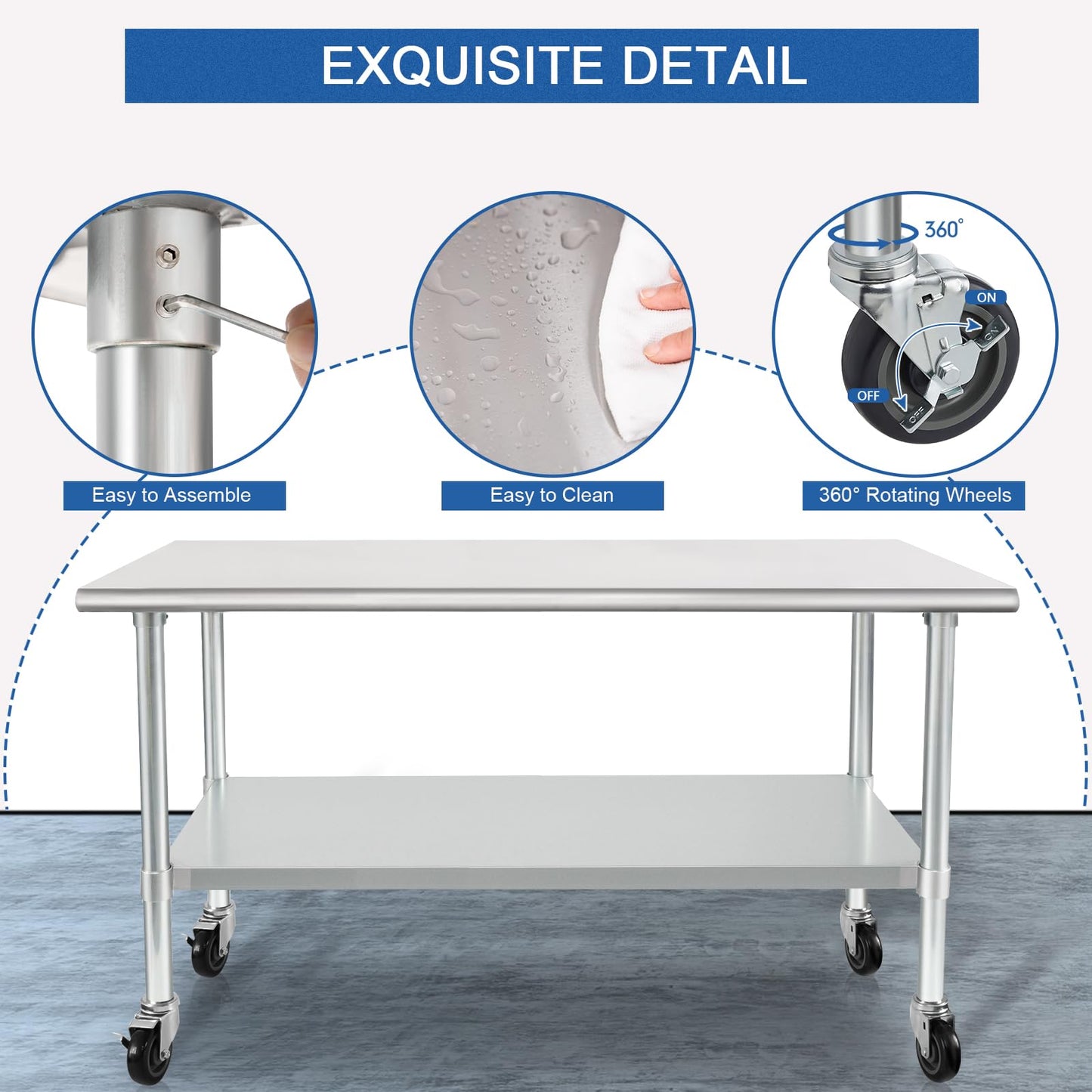 HARDURA Stainless Steel Table with Wheels 30 x 60 Inches Casters NSF Heavy Duty Commercial Work & Prep Table with Undershelf and Galvanized Legs for Restaurant Kitchen Bar and Hotel Garage