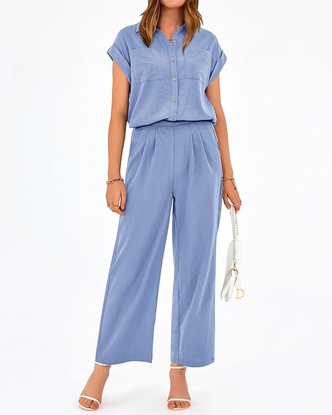 PRETTYGARDEN Womens 2 Piece sets Summer Cap Sleeve Tops Palazzo Pants Dressy Casual Vacation Travel Outfits Tracksuits