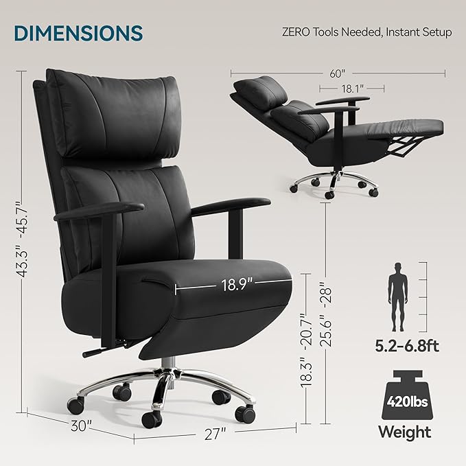 OKUP Reclining Office Chair with Adjustable Headrest and Footrest, 170° Ergonomic Comfortable Office Chair Zero Gravity, Leather Executive Home Office Desk Chair (Black)