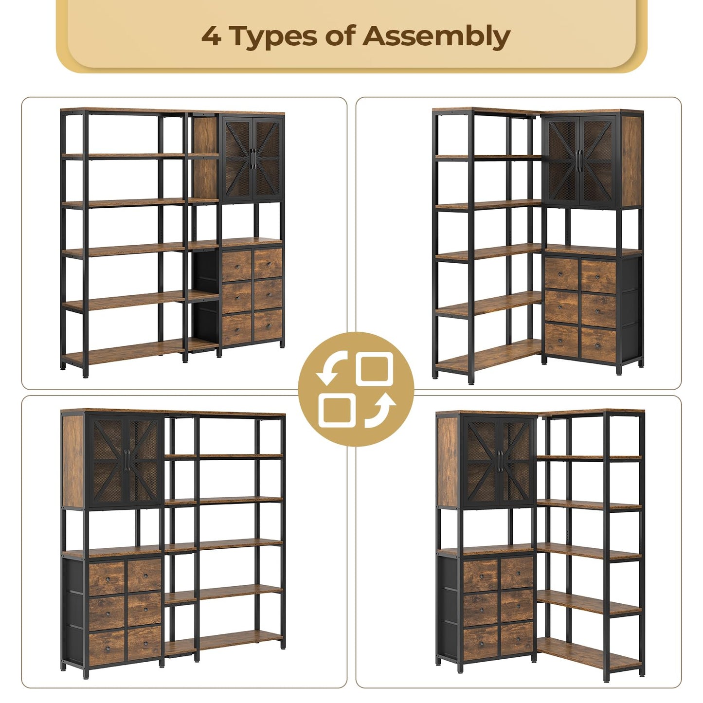 BTHFST Corner Bookshelf 6 Tier, 70.9" Convertible Tall Bookshelf with 6 Fabric Drawers, Corner Bookcase with Metal Doors, Large Display Shelf Book Shelf for Living Room,Home Office, Rustic Brown