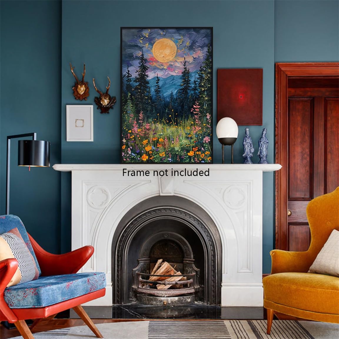 Yuaruo Vintage Full Moon Above The Wildflowers Nature Posters, Mystical Midnight Woodland Canvas Wall Art Print, Retro Flowers and Trees Oil Painting, Dark Forest Landscape 12x16in Unframed