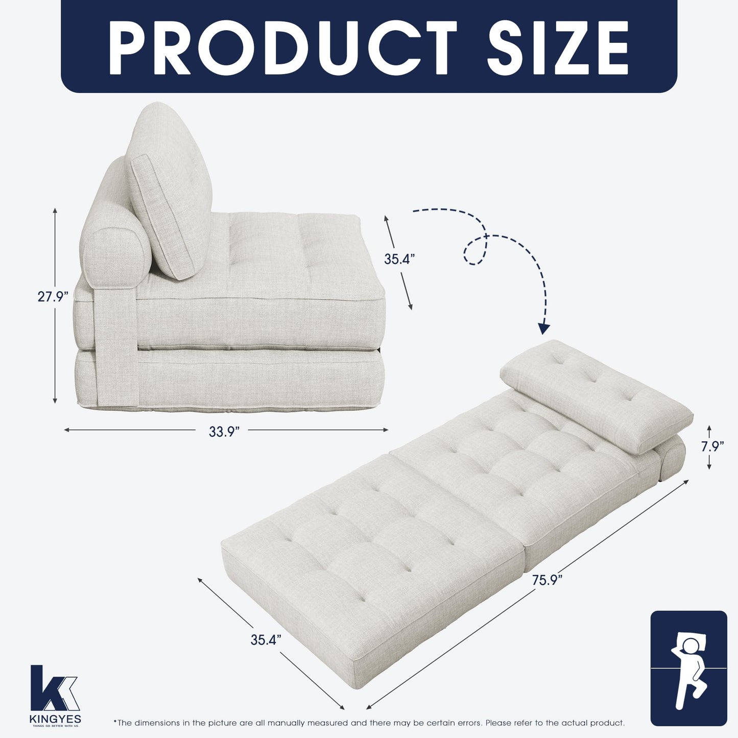 KINGYES Folding Sofa Bed, Convertible Sleeper Chair with Pillow for Adults, Foldable Single Futon Chair Floor Sofa Lounge for Living Room, Beige