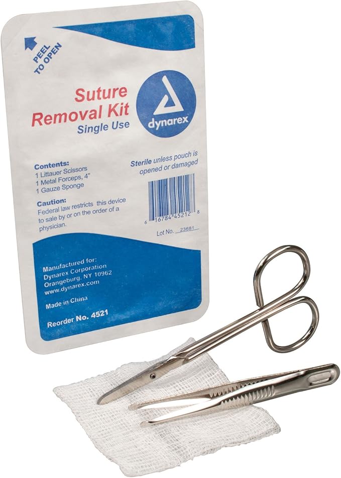 Dynarex Suture Removal Kits, Sterile, Acts as a Staple and Suture Extractor for a Near Painless Experience, Includes Litta...