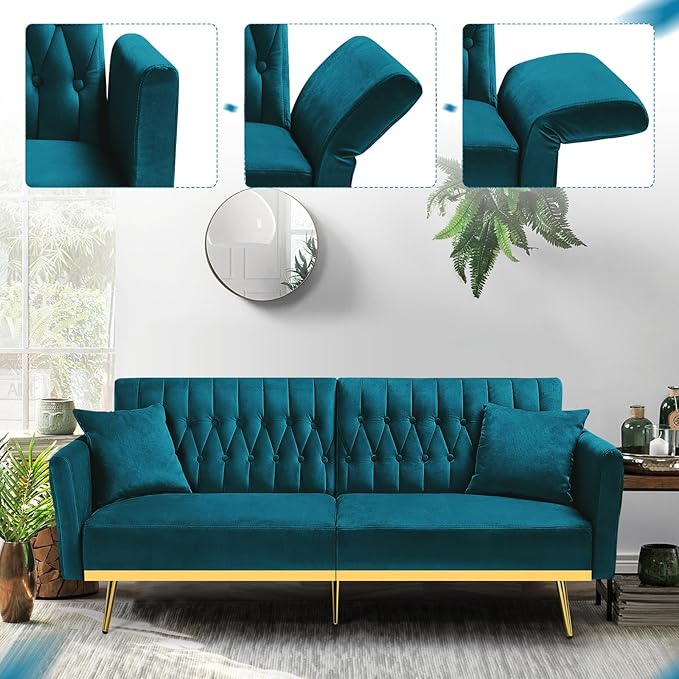 ACMEASE 70” Velvet Futon Sofa Bed w/Adjustable Armrests and Backrest, Convertible Futon Couch w/2 Pillows, Modern Sleeper Bed for Living Room, Bedroom, Teal