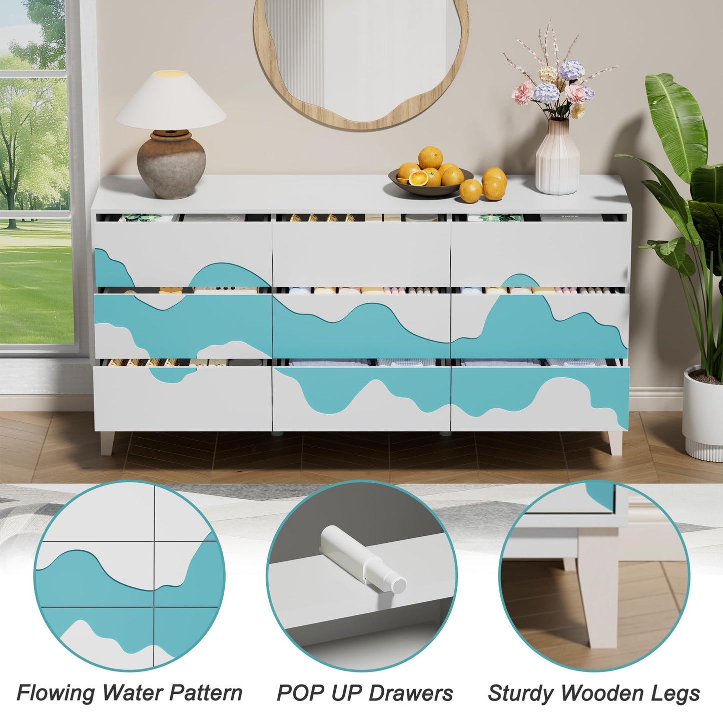 UEV 9-Drawer Dresser & 2 Nightstands Set - 3 Piece Modern Bedroom Furniture Set, 63" Wide Wooden Chest of Drawers with Flowing Water Pattern,2-Drawer Night Stands for Bedroom (White/Blue