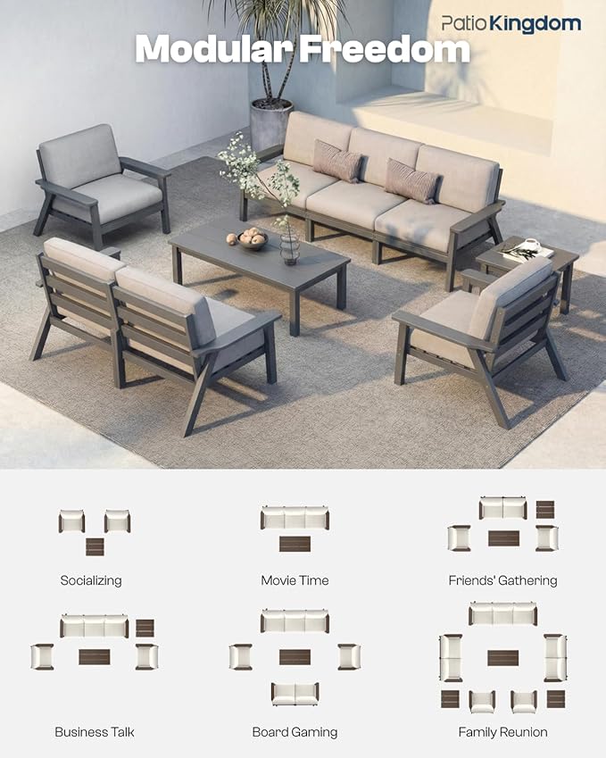 Patio Kingdom Patio Furniture Set 8 Seats, HDPE Outdoor Sectional with Gray Washable Thick Cushions, Coffee Table, Patio Conversation Sets for Lawn, Garden, Porch, Balcony, Deck (Grey Frame)