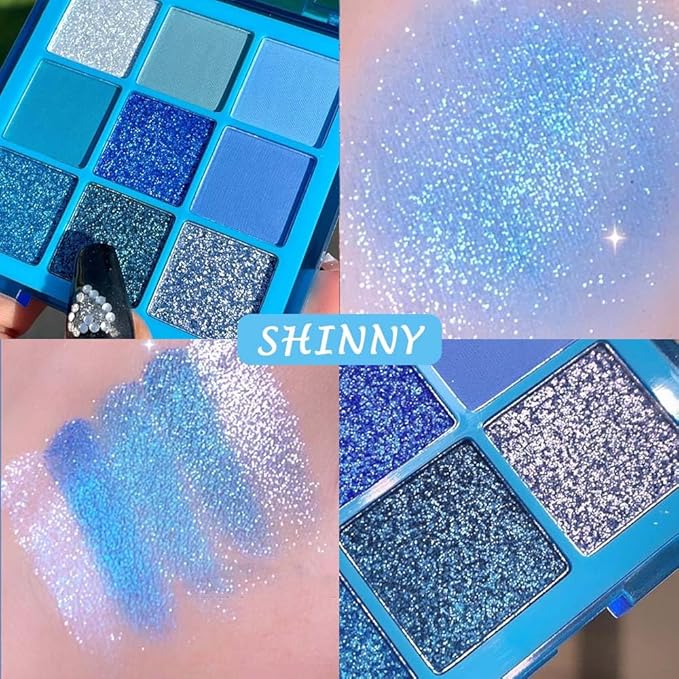 AMY'S DIARY Dark Light Royal Blue Pearl White Glitter Shimmer Eye Shadow Makeup Palette,9 Colors Highly Pigmented Waterproof Matte Glitter Shimmer Daily Party Sparkling Eyeshadow Palett Gift