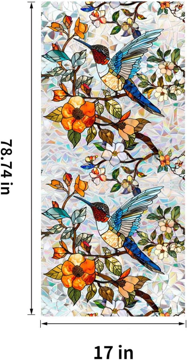 Stained Glass Window Film UV Resistant Window Privacy Film Hummingbird Floral Privacy Rainbow Decals Living Room Bedroom Sun Blocking Decor Removable Static Cling Stickers 17 x 78.74 Inch