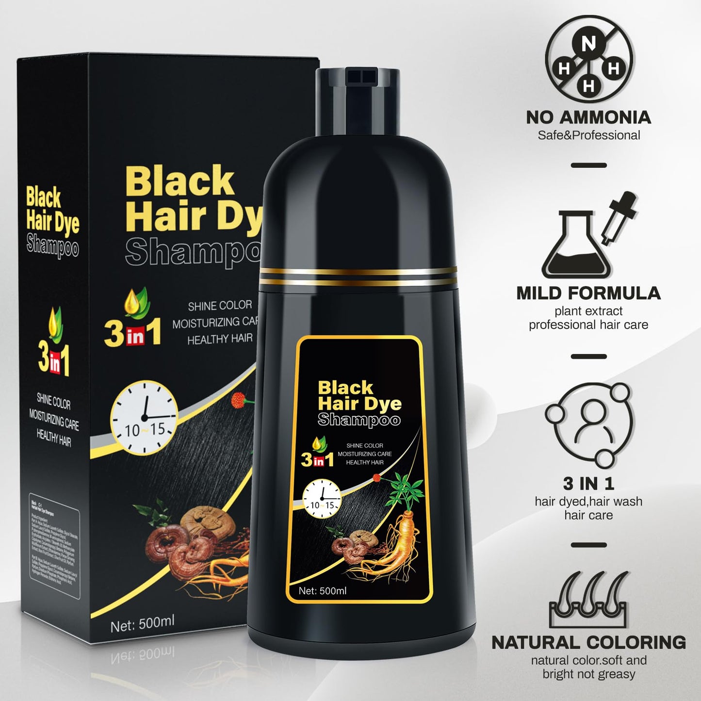 Black Hair Dye Shampoo 3 in 1 Champu Para Canas for Gray Hair Coverage, Natural Herbal Black Hair Color Shampoo for Women, shamp