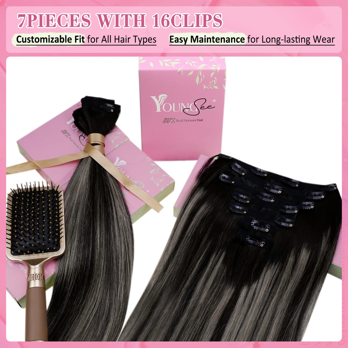 YoungSee Clip Hair Extensions Black Ombre Clip on Hair Extensions Blend of Black and Silver with Black Roots Clip in Real Hair E