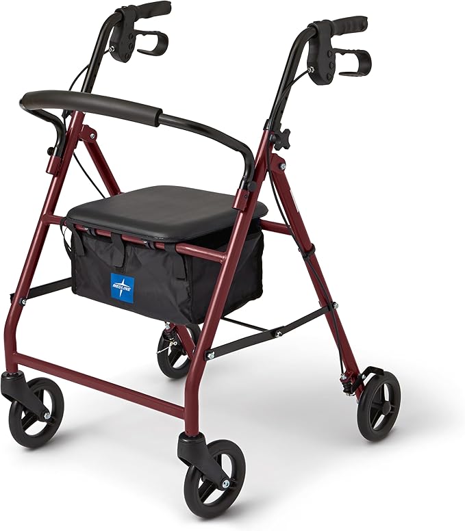 Medline Aluminum Rollator Walker with Seat, Burgundy, 250 lb. Weight Capacity, Lightweight, 6” Wheels, Foldable, Adjustabl...