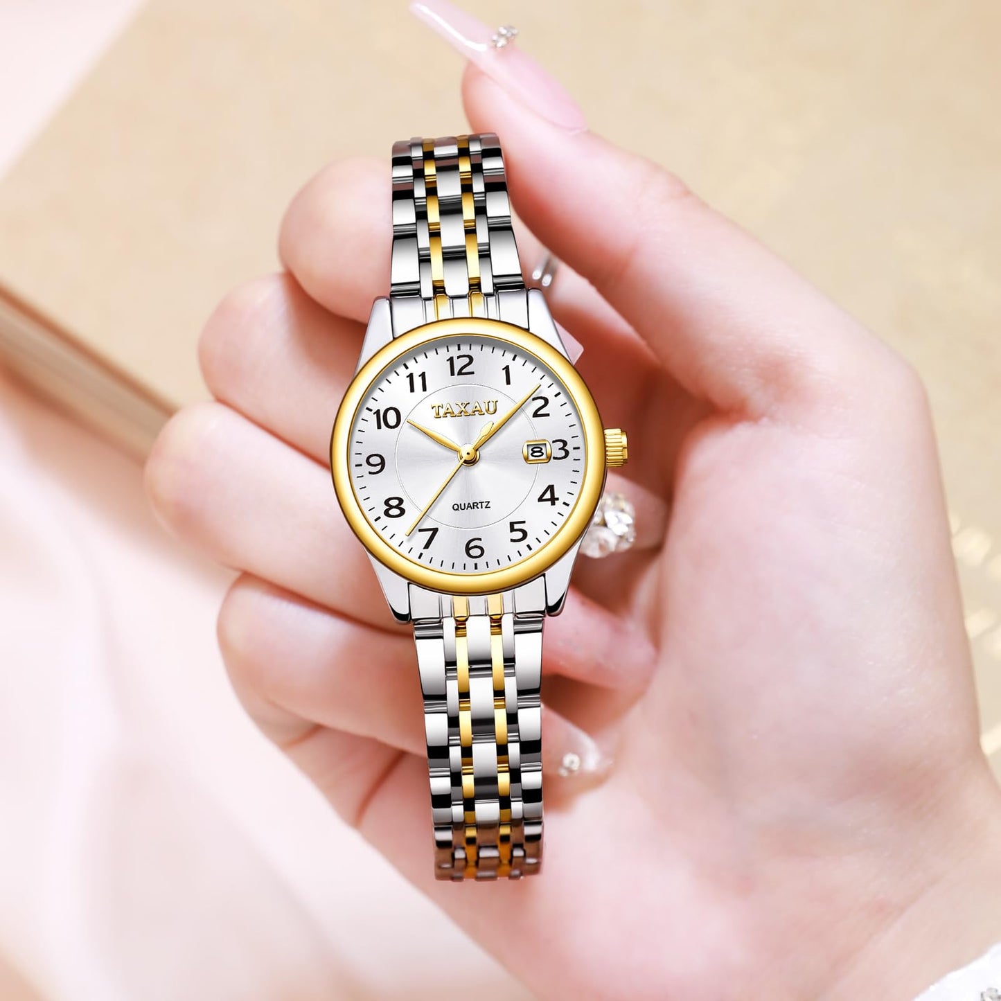 Taxau Small Face Womens Watch Silver Gold Two Tone Watches for Women Ladies Stainless Steel Waterproof Easy Read Womens Watch with Date Dress Quartz Women Wrist Watches Reloj para Mujer