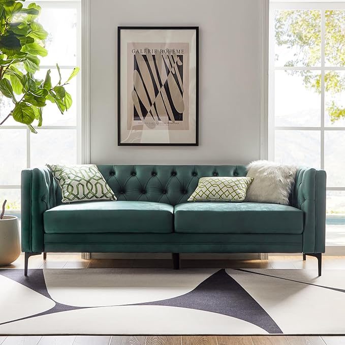 HULALA HOME 84" W Faux Leather Sofa Couch with Metal Legs, Button-Tufted 3-Seater Sofa, Mid Century Modern Contemporary Upholstered Couch for Living Room, Entertainment Area, Apartment,Green
