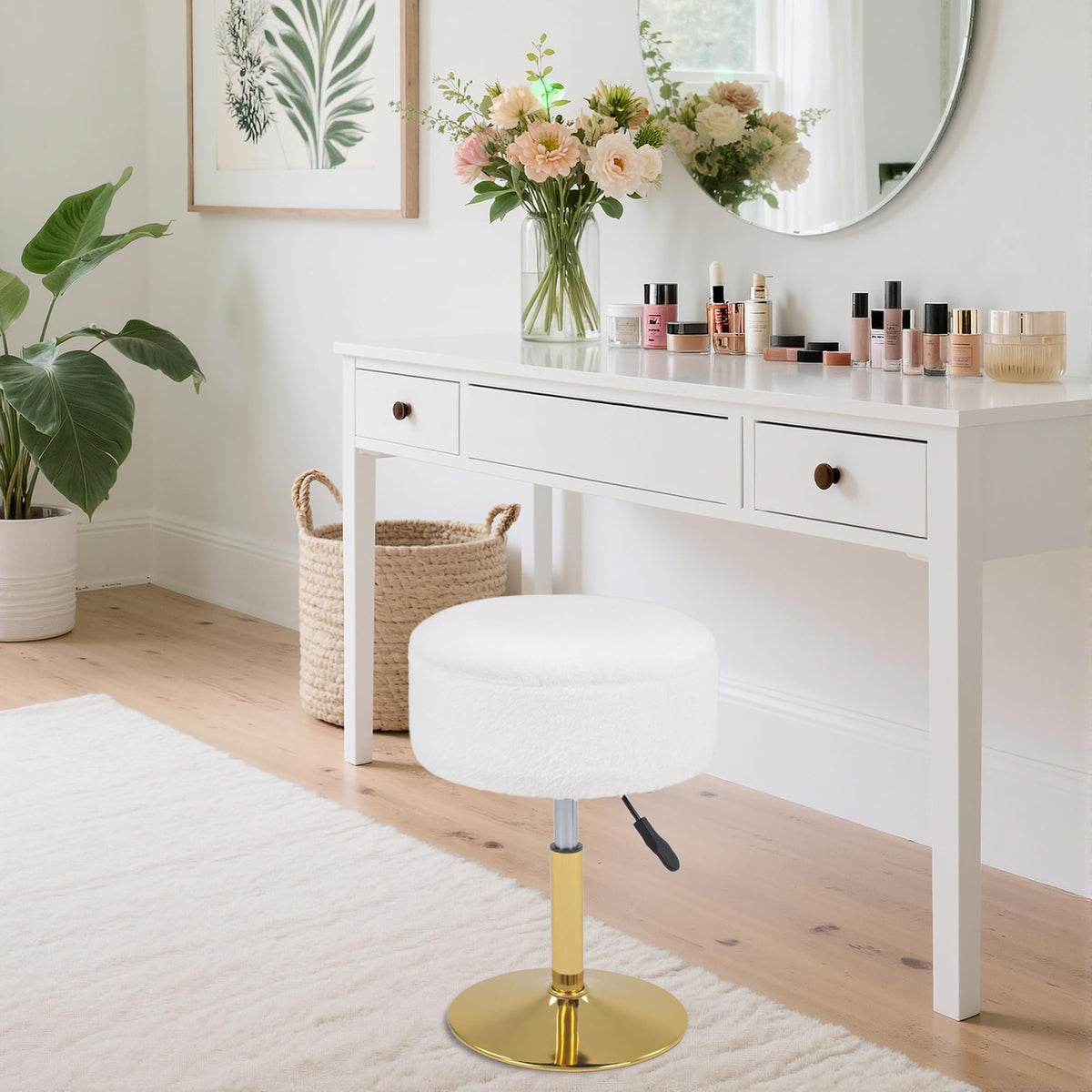LITZFUR Adjustable Vanity Stool for Makeup Room, 360° Swivel Gold Vanity Chair, Faux Fur Round Storage Ottoman Footrest for Living Room Bedroom, White