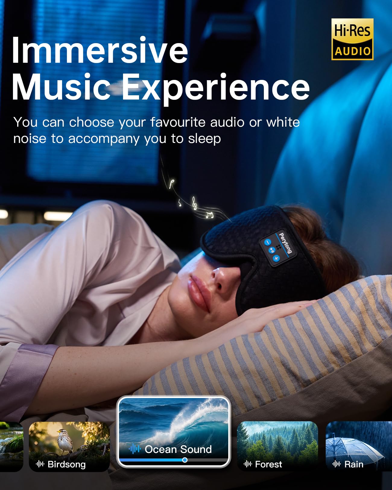 Perytong Sleep Mask with Bluetooth 5.4 Headphones, Wireless Sleep Eye Mask for Side Sleepers, 3D Contoured Comfort & Built-in HD Stereo Earphones, Noise Canceling & Blackout for Travel (Carbon Black)