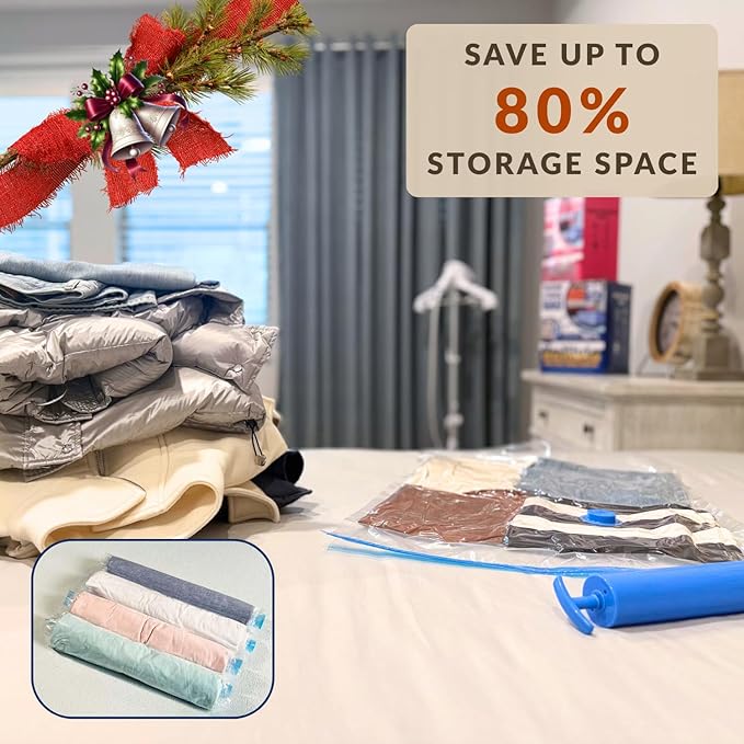 25 Pack Vacuum Storage Bags with Pump, Compression Space Saver for Comforter, Bedding, Blanket Storage, Vacuum Seal Bags for Clothing, Luggage and Closet Organizer