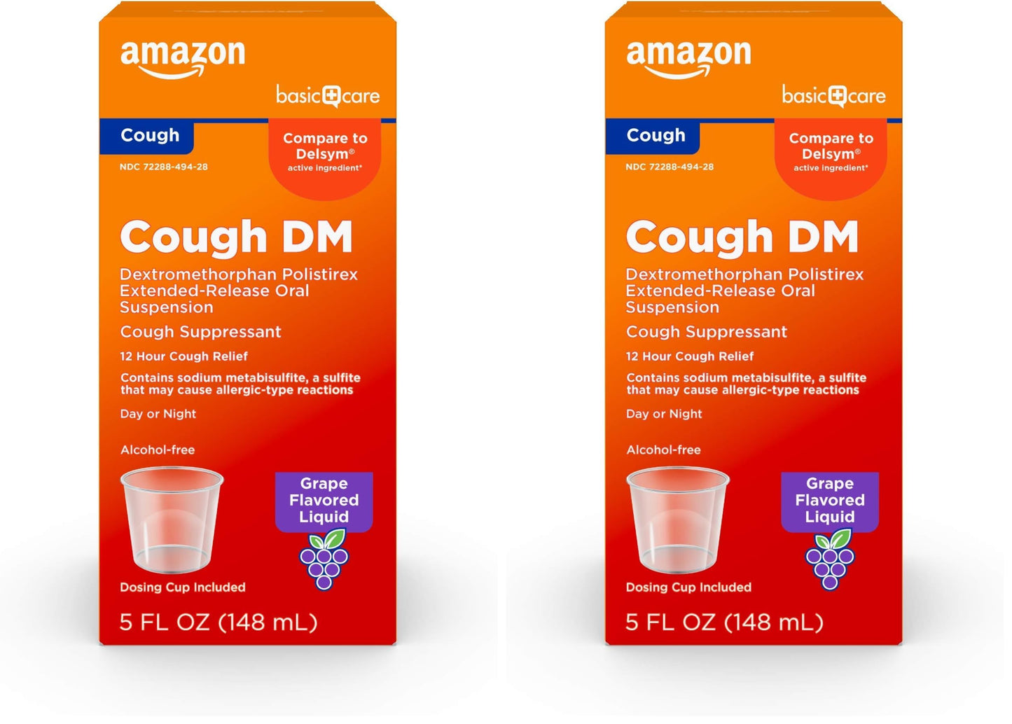 Amazon Basic Care 12 Hour Cough DM Syrup, Extended-Release Dextromethorphan, Grape Flavor Liquid Medicine, 5 fl oz (Pack of 2)