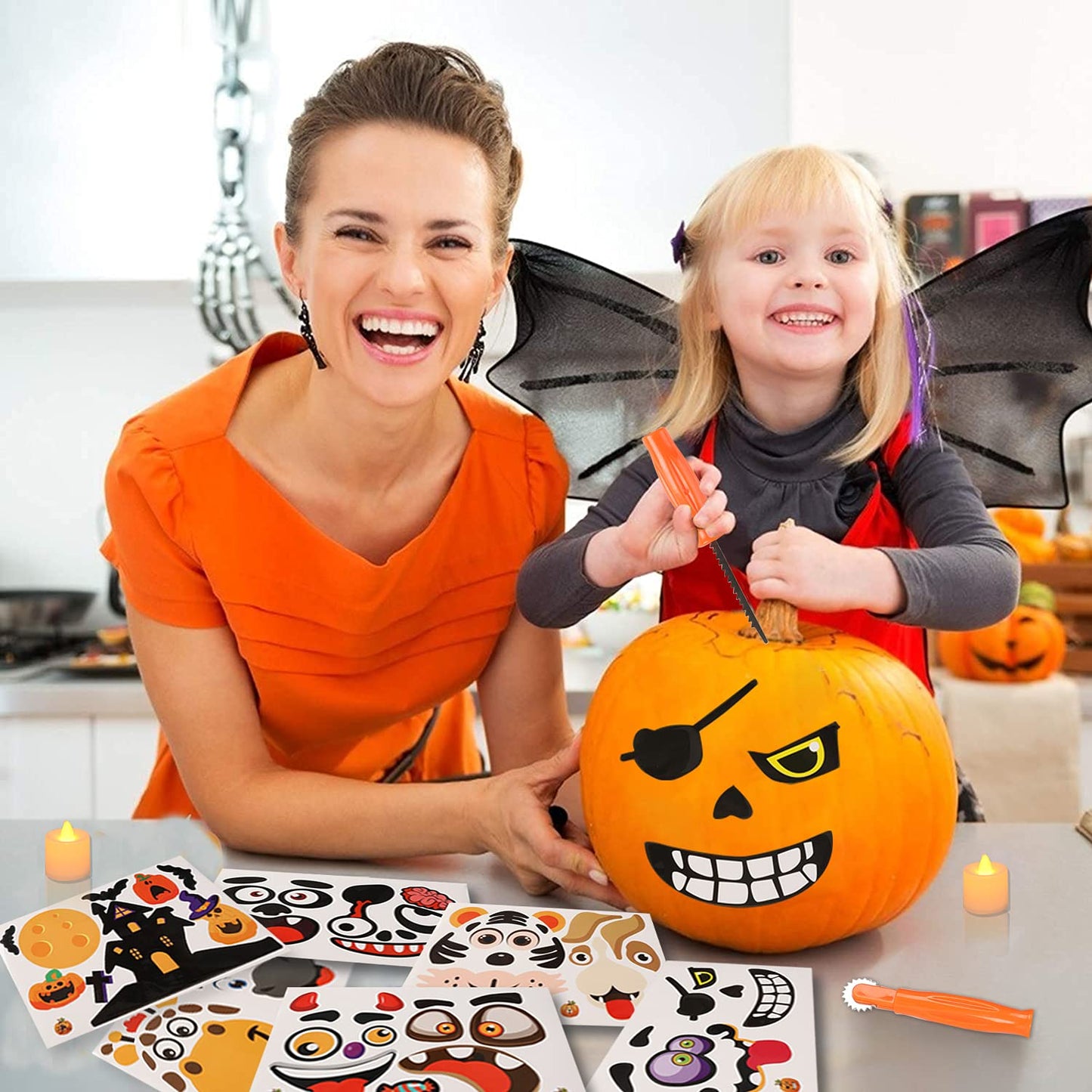 Halloween Pumpkin Carving Kit for Kids - 6 Tools Set, 6 LED Candles, 4 Balloon Headbands, 6 LED Rings, 6 Stickers, 10 Carving Stencils for Decorations