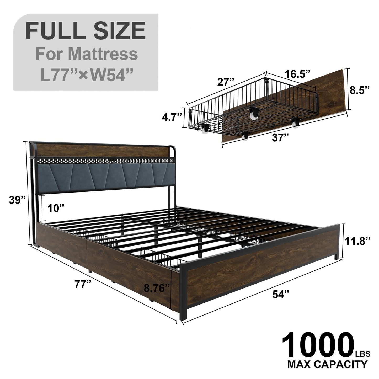 viplov Full Size Bed Frame with Storage Headboard, Metal Platform Bed & 4 Drawers, Built-in Charging Station & LED, Noise-Free, Metal Support, No Box Spring Needed