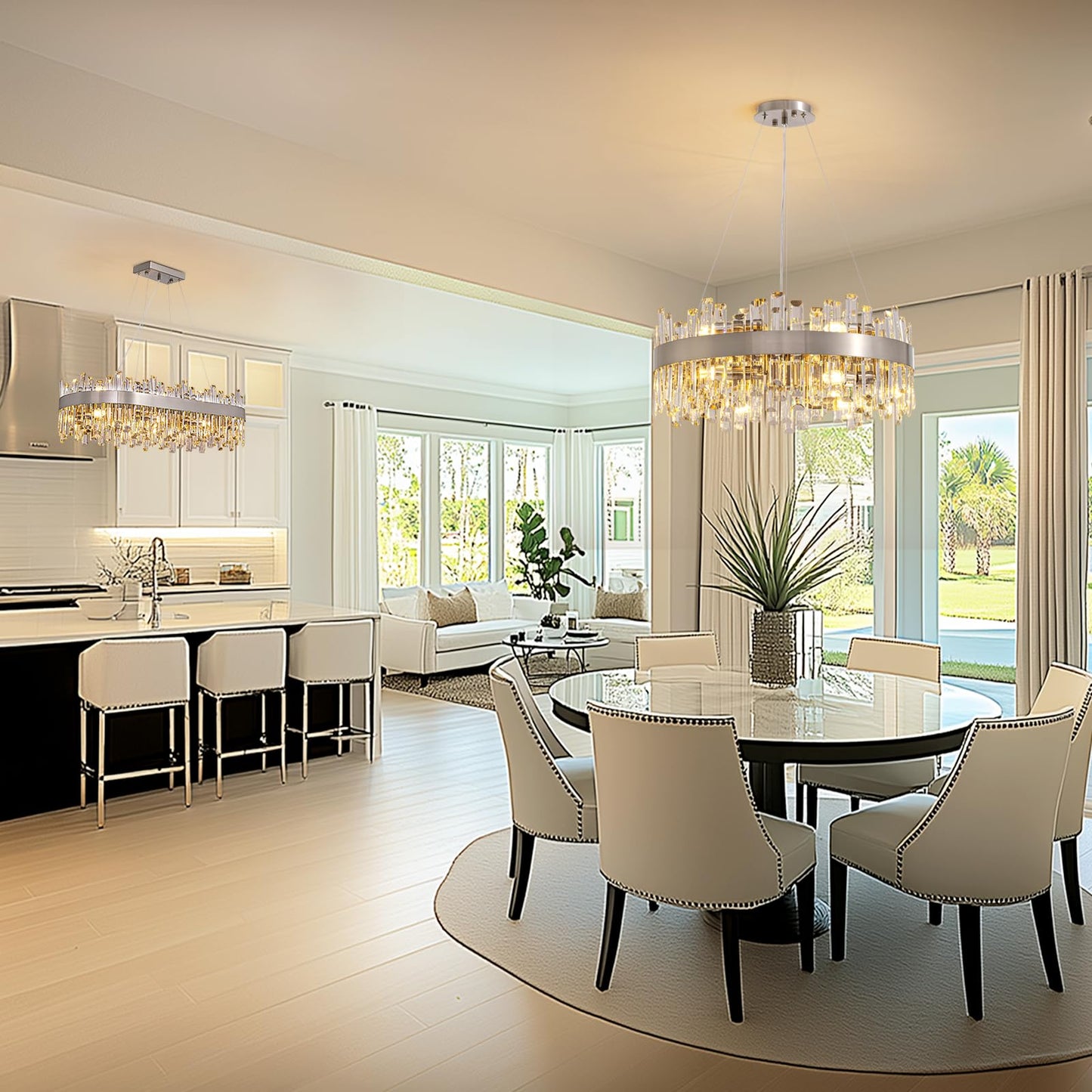 Siljoy Modern Crystal Chandelier 12-Light Brushed Nickel Luxury 2-Tiers K9 Crystal Raindrop Chandelier Dimmable Crystal Ceiling Light for Dining Living Room Kitchen Entryway Foyer D23.6''