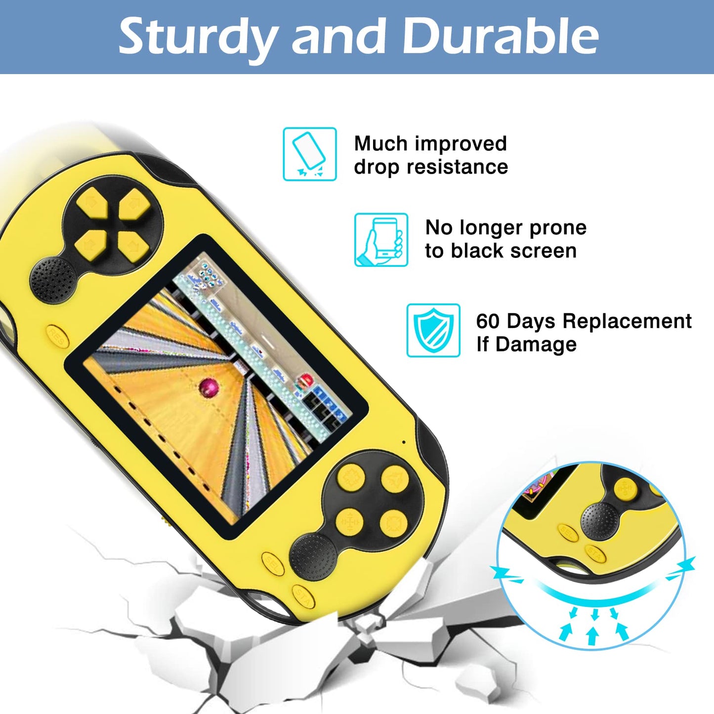 TaddToy 16 Bit Handheld Game for Kids Adults, 3.0'' Large Screen Preloaded 230 HD Classic Retro Video Games with USB Rechargeable Battery & 3 Game Cartridges for Birthday Gift for Kids 4-12 (Yellow)