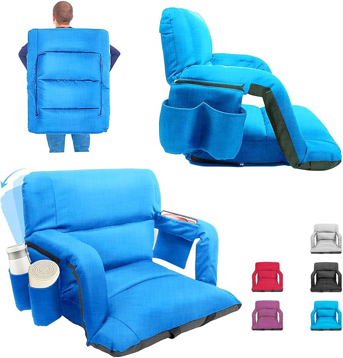 Stadium Seats with Back Support,Wide Stadium Chairs with Back and Cushion, Sofa Style Stadium Seats, 6 Reclining Positions, Extra Thick Bleacher Seat for Sports Events (Blue-1 Pack,Wide |22.5")