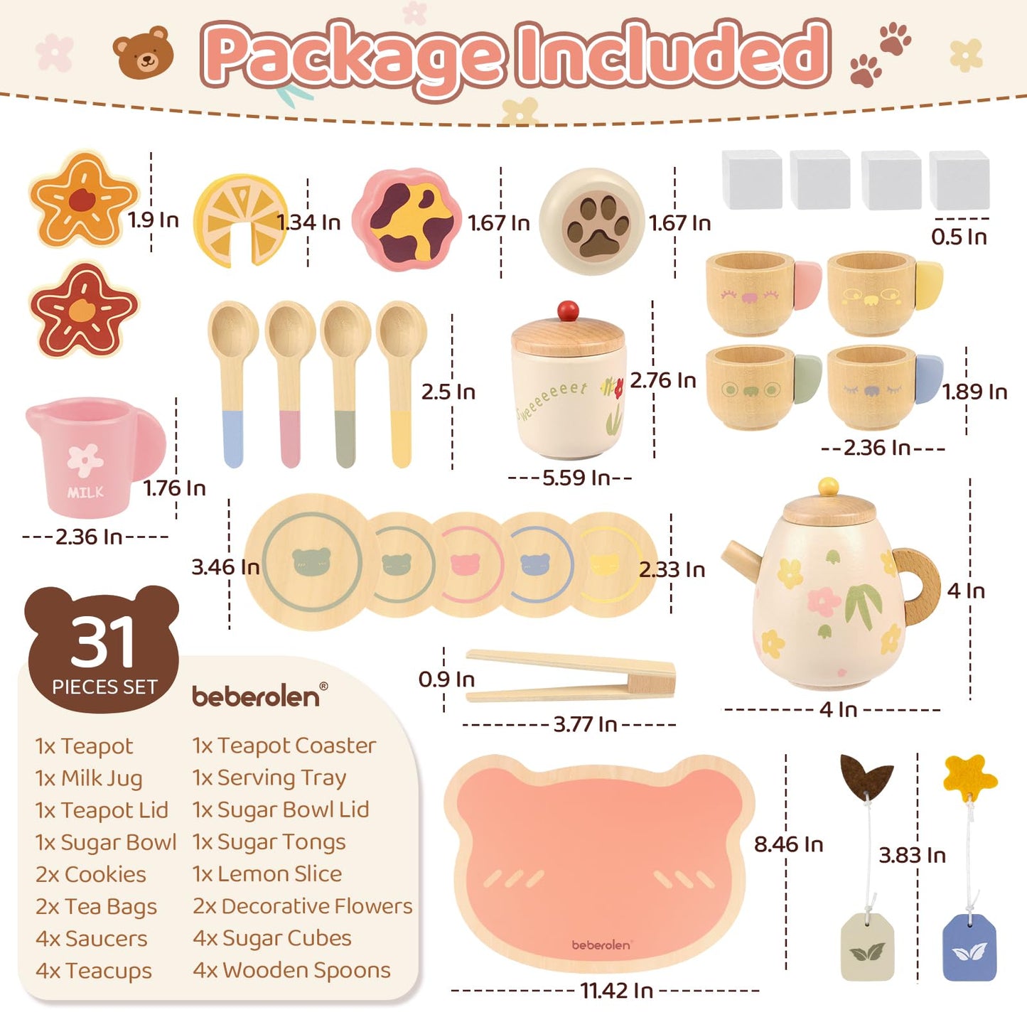 Beberolen Tea Party Set for Toddlers 3-5 Girls Boy Birthday Gift Pretend Play Food Wooden Picnic Outdoor Toys Kids Age 2 3 4 5 6 Educational Wood Toy