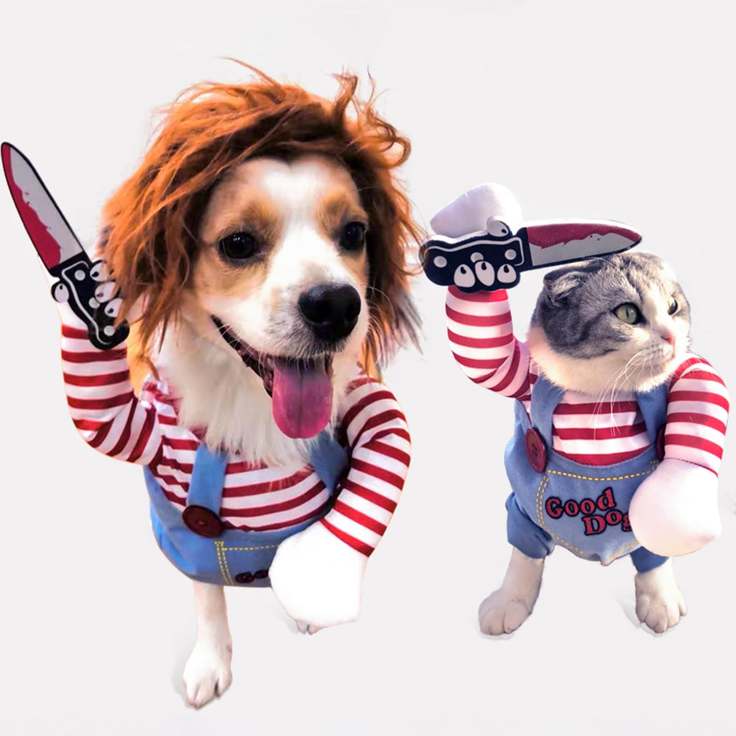 Dog Halloween Costume,Funny Chucky Dog Costume with Pet Wig,Cosplay Scary Outfit with Knife Clothes for Dogs (Small)