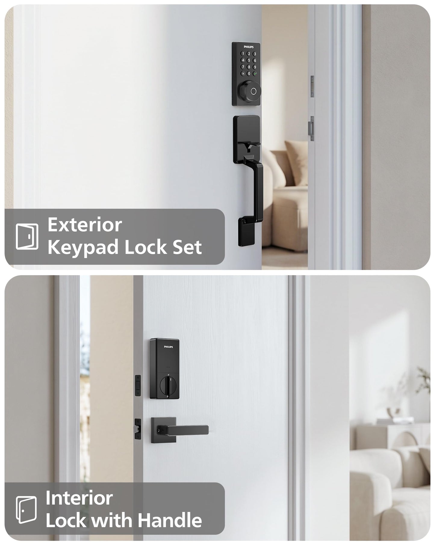 Philips Wi-Fi Smart Door Lock with Handle Set, Keypad Deadbolt for Front Door, Fingerprint Keyless Entry Door Lock with App Remote Control, IP53 Waterproof, Auto Lock, Security Easy Installation