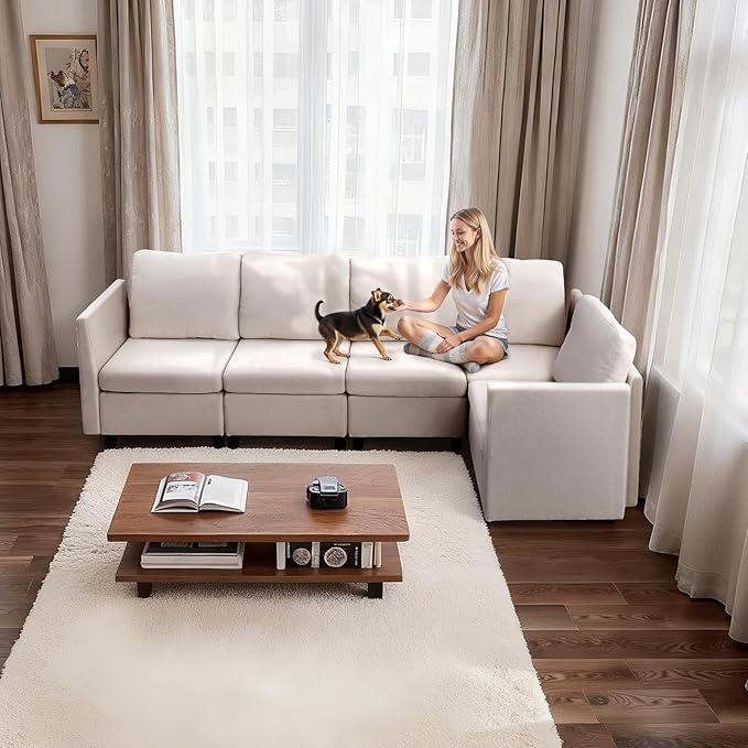 VEVOR Modular Sectional Sofa, Modern 5-Seater Modular Sofa with Hidden Storage, Customizable Cloud Sectional Couch, Solid Wood Frame Upholstered Comfy Couch for Living Room, Bedroom, Beige