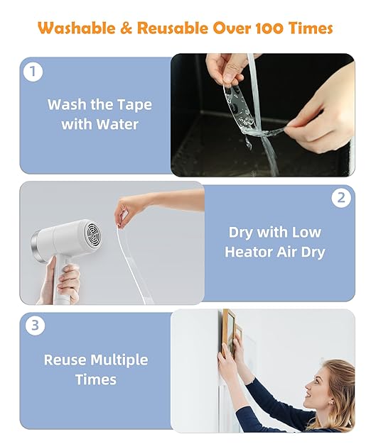 Double Sided Tape for Heavy Duty Applications, Removable Mounting Tape, Nano Tape, Extra Large Clear Transparent Adhesive Strips for Poster Carpet Picture Hanging Strip Rug Wall Outdoor, 3-Pack