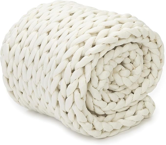Nuzzie Chunky Knit Weighted Blanket - Breathable, Cooling, Hand Made Knit Throw Blanket for Sleep - Machine Washable, Stylish Design (Cream, Full | 16lbs | 48"x72")