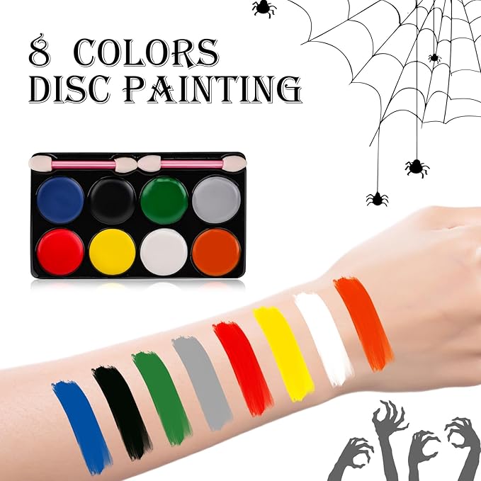 8 Colors Face & Body Paint Palette Kit + 1 Black Cream Face Body Paint + Washable Fake Blood + 3 UV Light Colors, Non-Toxic Hypoallergenic for Halloween SFX Makeup Cosplay Joker Costume Parties