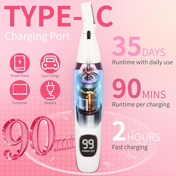 2 in 1 Nose and Ear Hair Trimmer with LED Display, Rechargeable Electric Nasal Hair Clipper for Men & Women, Eyebrow & Facial Hair Removal with Dual-Edge Blades, Easy to Clean