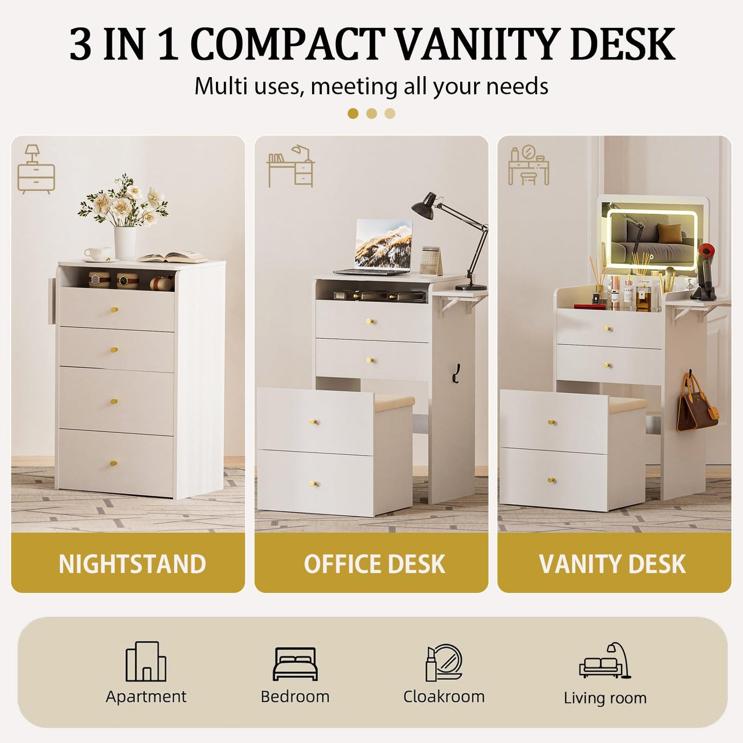 COMHOMA Makeup Vanity Desk with Mirror and Lights, Small 3 in 1 Vanity Table with Visible Glass Top, Flip Top & 3 Drawers, Compact Dresser with Storage Stool for Bedroom, Office or Nightstand