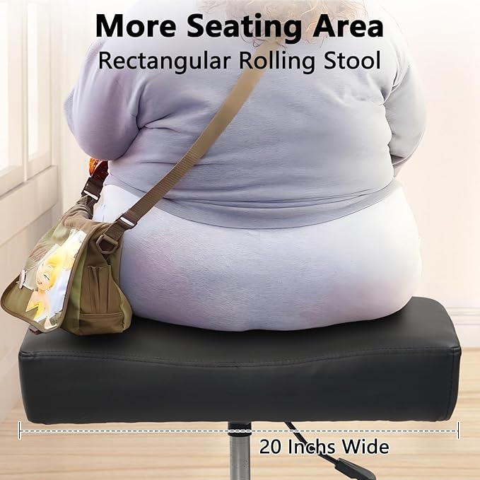Heavy Duty Extra Wide Rolling Stool PU Leather Thickened Seat Cushion with Foot Rest Adjustable Height Swivel with Wheels for Spa Salon Tattoo Work Massage Barstool, Black, 1 Pack