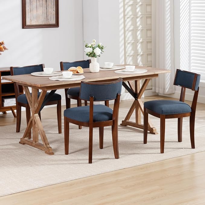 DM Furniture Cozy Upholstered Farmhouse Dining Chair Set of 6, Solid Wood Frame Rustic Side Chair, Curved Back Armless Kitchen Chair for Inviting/Dining/Living Room/Restaurant, Space Saving, Blue