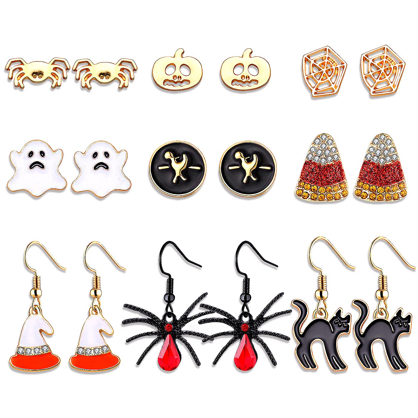 PHALIN Halloween Earrings Set, Spider Web Pumpkin Ghost Bat Drop Earring Studs for Women Halloween Jewelry Set for Party (9 Pair
