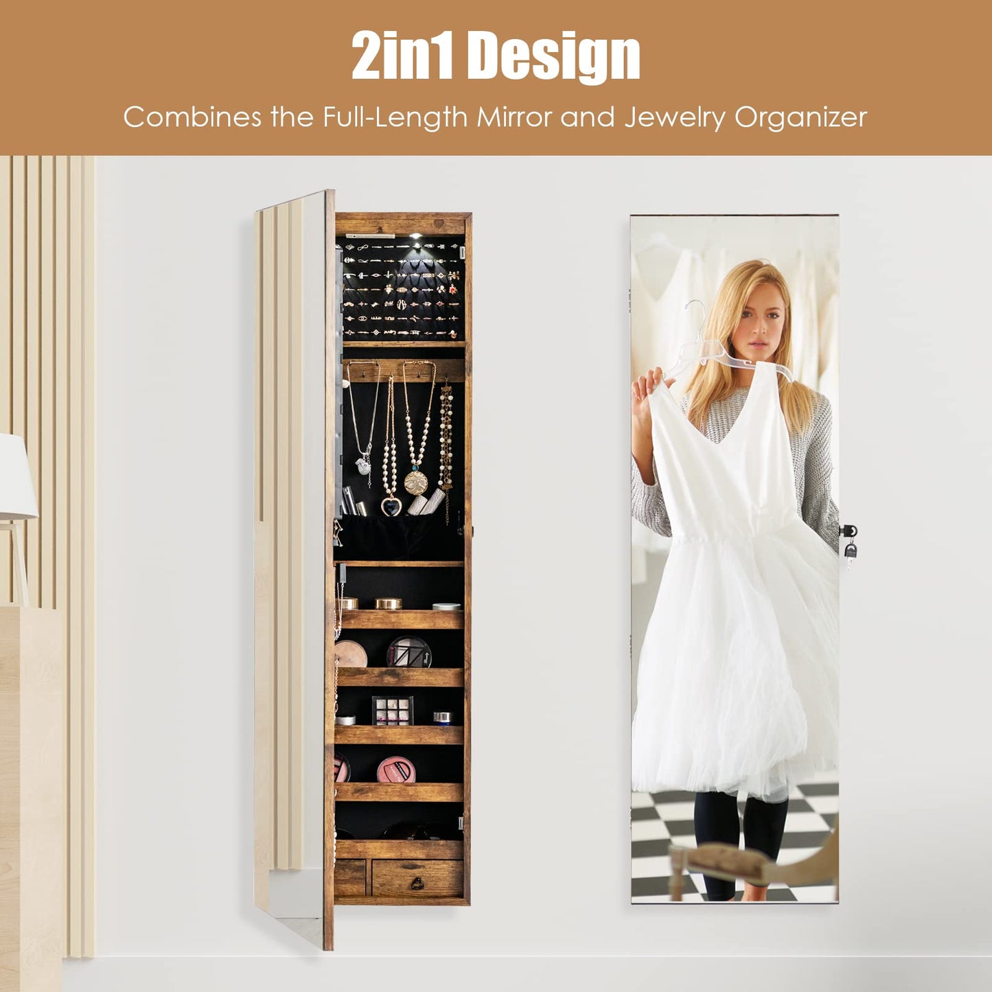 MAT EXPERT Jewelry Armoire, Wall Door Mounted Hanging Jewelry Organizer w/Full-length Mirror, 2 LED Lights and 2 Drawers, Lockable Large Storage Mirror Jewelry Cabinet for Bedroom (Brown)