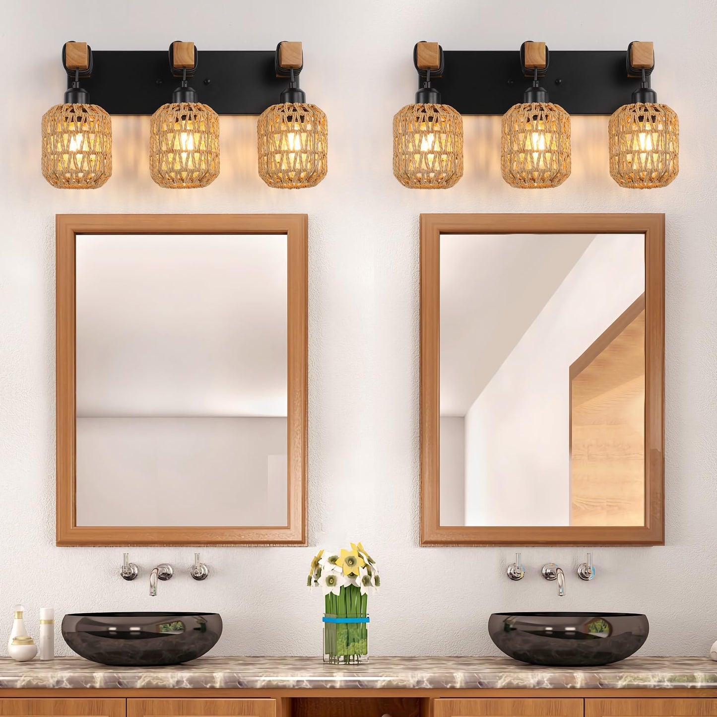 3 Light Bathroom Vanity Light Fixtures， Rustic Style Wood Bathroom Wall Sconce， with Boho Wicker Lampshade，Suitable for Bedroom, Hallway, and Living Room，Rattan Black Farmhouse Wall Sconce