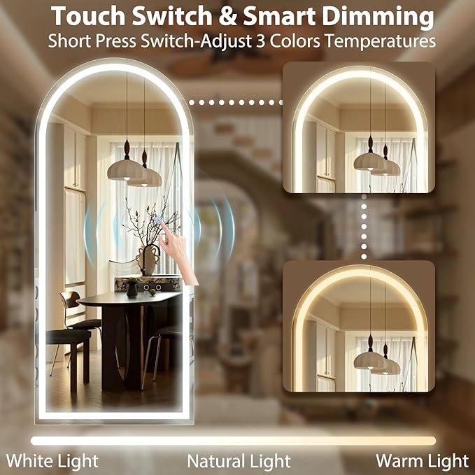 GLSLAND 34"x76" Arched LED Full Length Mirror with Lights Wall Mounted/Standing, Dimmable Floor Lighted Mirrors W/Anti-Fog, Touch Control for Bedroom, Dressing Room