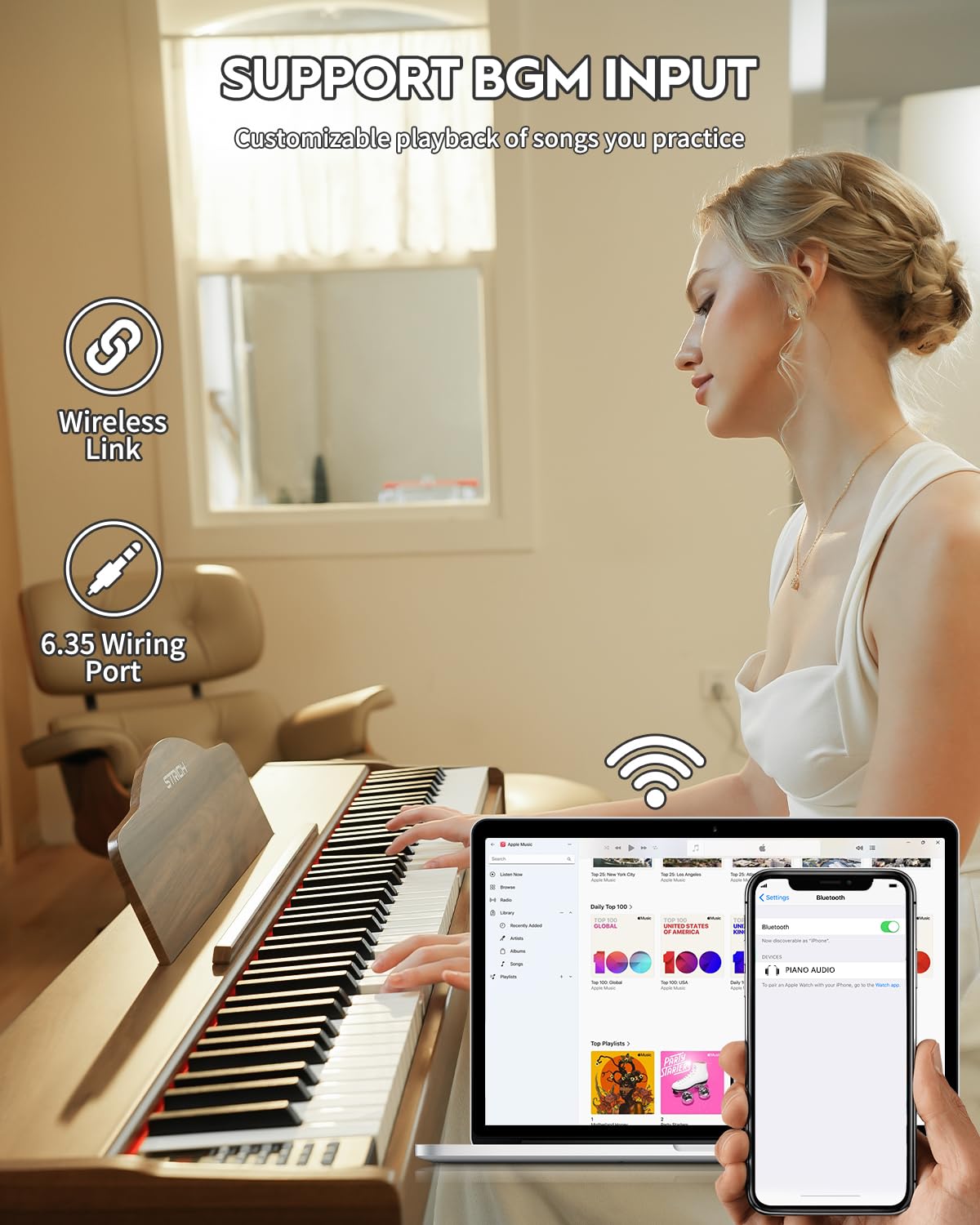 STRICH Digital Piano 88 Keys, Hammer-Action Weighted Keyboard, Full size Electric Piano Keyboard with Stand, 25Wx2 Speakers, Supports USB-MIDI/Wireless Connecting SDP-300S (Color Walnut Wood)