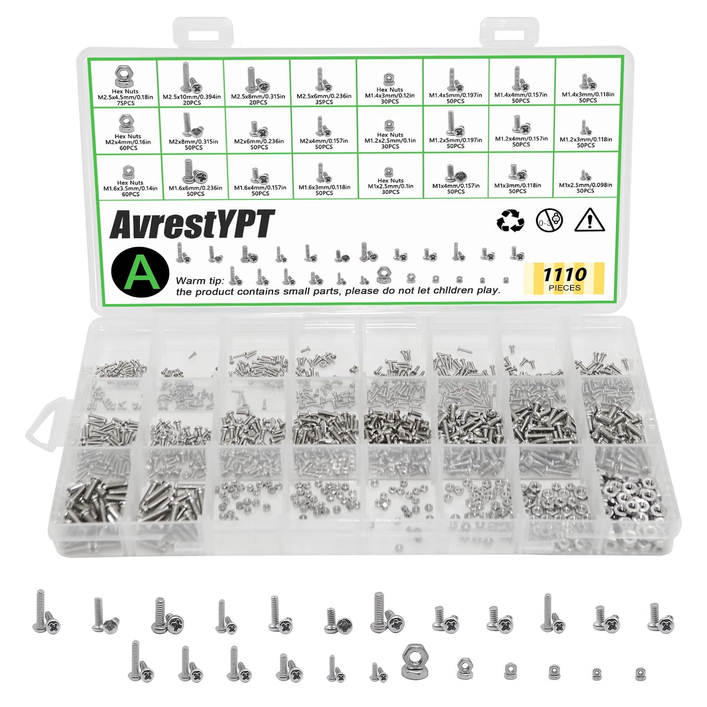 AvrestYPT 1110Pcs 304 Stainless Steel Metric Micro Screws Nuts Assortment, M1 M1.2 M1.4 M1.6 M2 M2.5 Sizes, Phillips Pan Head, Fully Threaded Kit for Arduino, RC Models, Electronics, DIY Projects