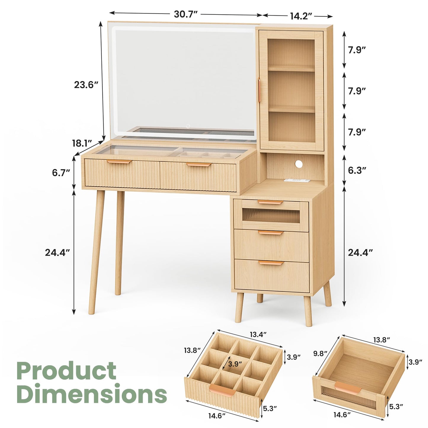 Fkhouse Fluted Makeup Vanity Desk with Mirror and Lights, 5 Drawers Glass Top Makeup Vanity with 4 Storage and 9-Grid Organizer, 3 Color Ribbed Glass Dressing Table with Charging Station, Natural Oak