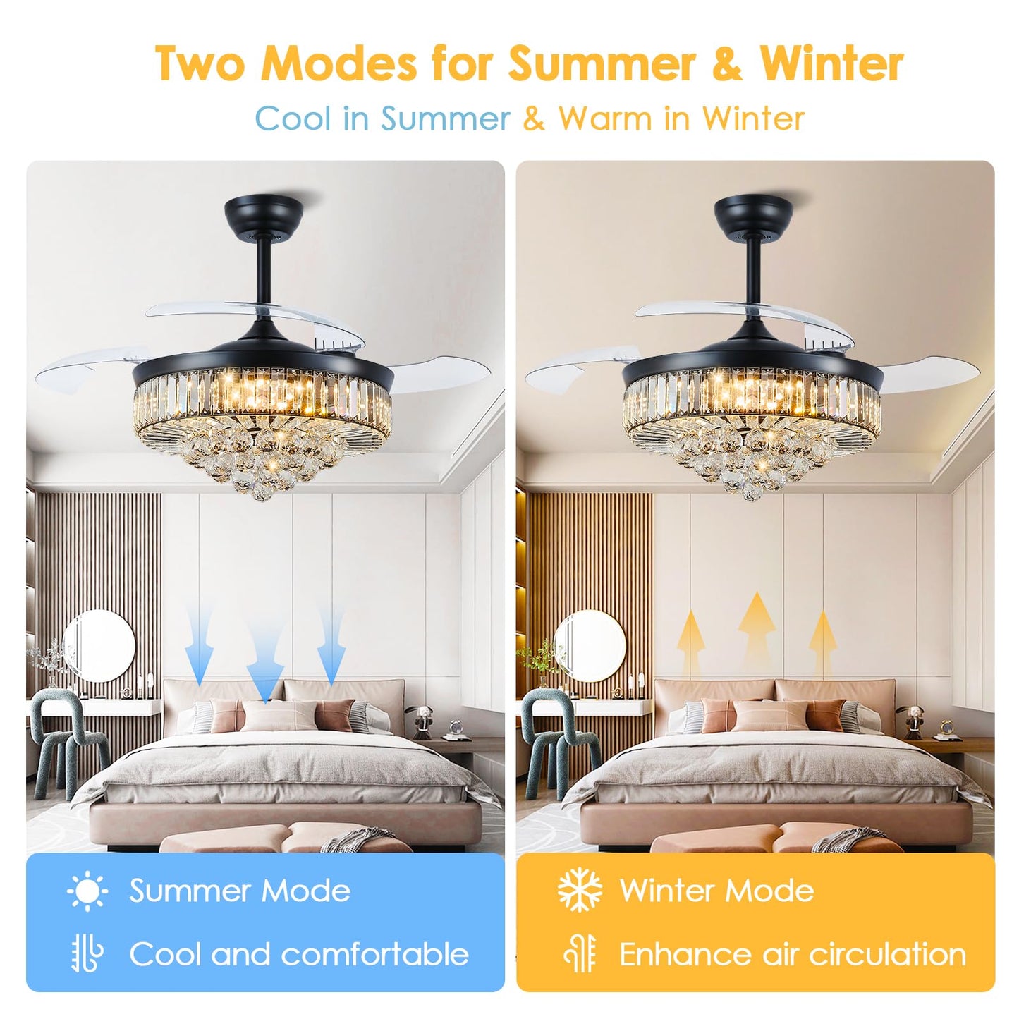 Asyko 48" Black Crystal Chandelier Ceiling Fans with Lights, Modern Retractable Blade Ceiling Fan Light with Remote and APP, Dimmable 3 Light Colors and Reversible Quiet DC Motor