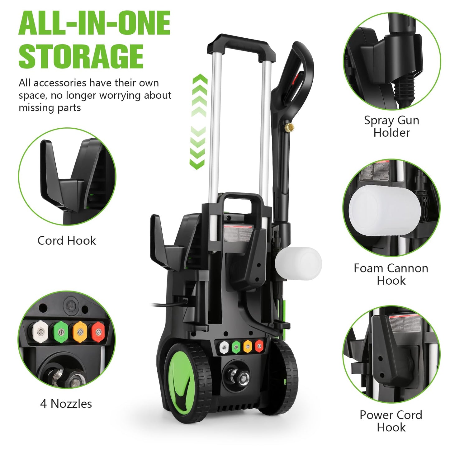 Imdot 5000PSI 4.0GPM Heavy Duty Electric Pressure Washer with 33 FT Extension Hose, 4 QCNozzles and 500ml Foam Cannon for Cars/Fences/Driveways/Patios/Home Cleaning, Green