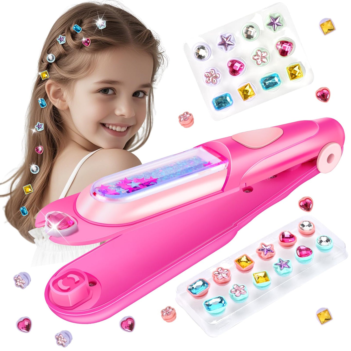 Kids Hair Gem Stamper Kit, Bling Hair Jewels for Girls Toys, Quick Gems Hair Jeweler, Hair Styling Tool with Reusable Shining Diamonds, Birthday Gifts Toys for Girls Ages 3 4 5 6 8-12